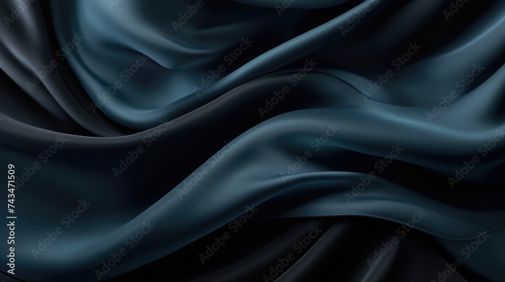 Black dark gray blue abstract elegant background. Drapery. Curtain. Fabric material. Soft folds. Wave stripe line. Gradient. Empty space. Design. Template.