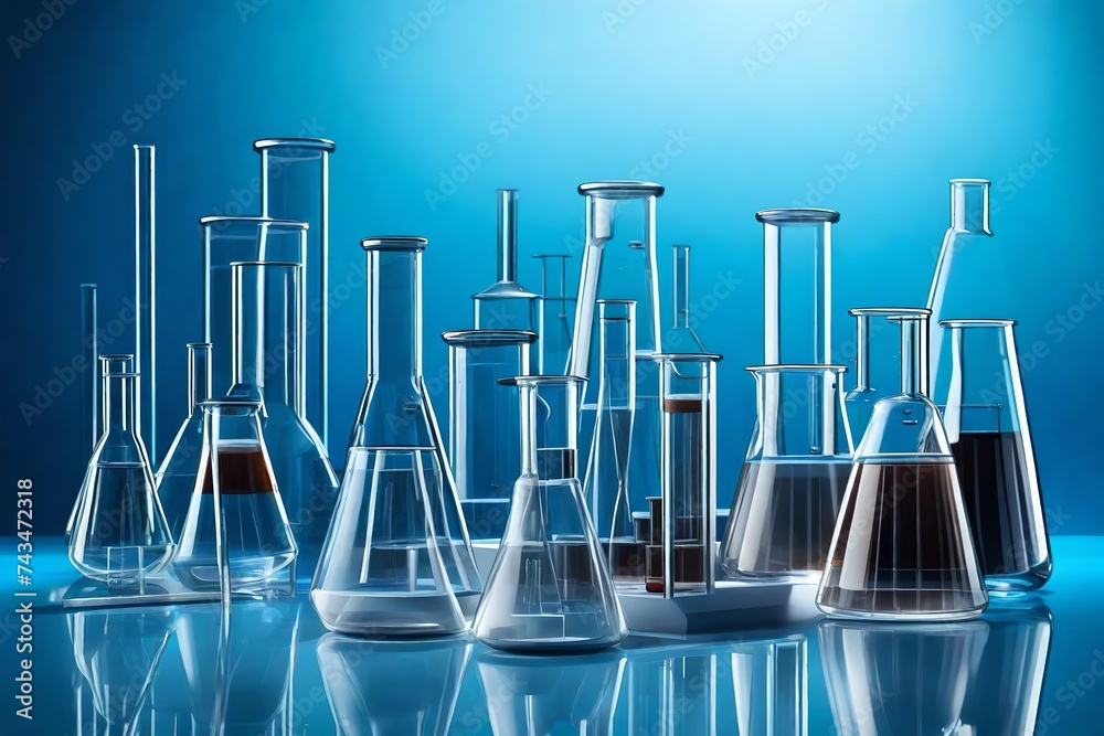 Lab Glass Instruments A detailed and realistic portrayal of laboratory glassware set against ...