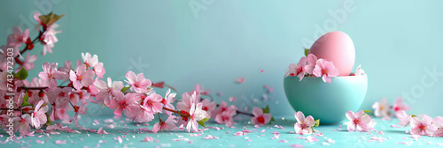  pink cherry blossoms and a pink egg on a turquoise background,easter bacjkground, empty space for text photo