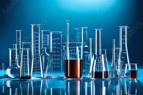 A detailed and realistic portrayal of laboratory glassware set against a subtle blue background, highlighting the clarity, shine, and intricate design of scientific instruments such as flasks, beakers