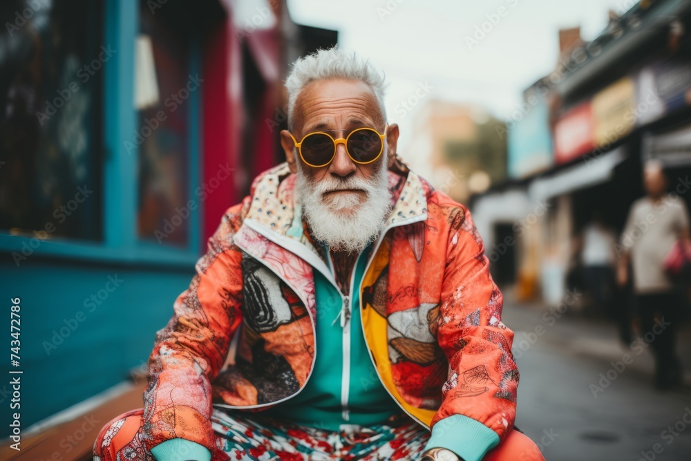 Portrait of a handsome senior man with white beard and mustache wearing bright colorful jacket and sunglasses in the city. Portrait of a handsome senior man with white beard and mustache wearing bright colorful jacket and sunglasses in the city.