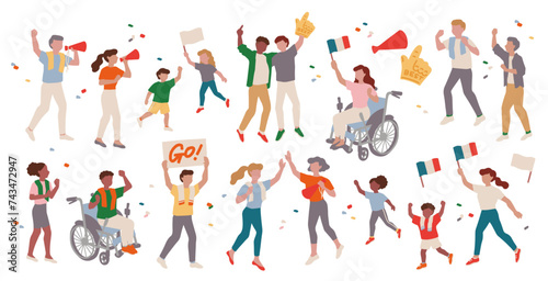 Supporters cheering for their team, people happily watching sports, spectators watching the game. Vector illustration set. オリンピックを応援するサポーター、楽しそうにスポーツ観戦する人々、試合を観戦する観客たち、応援する子供たちのベクターイラスト素材セット