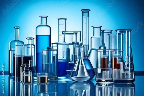 A detailed and realistic portrayal of laboratory glassware set against a subtle blue background, highlighting the clarity, shine, and intricate design of scientific instruments such as flasks, beakers