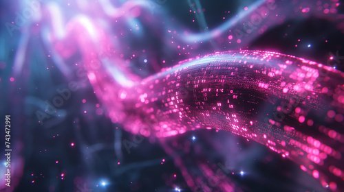 Data flowing through fiber optics cables, digital neon background