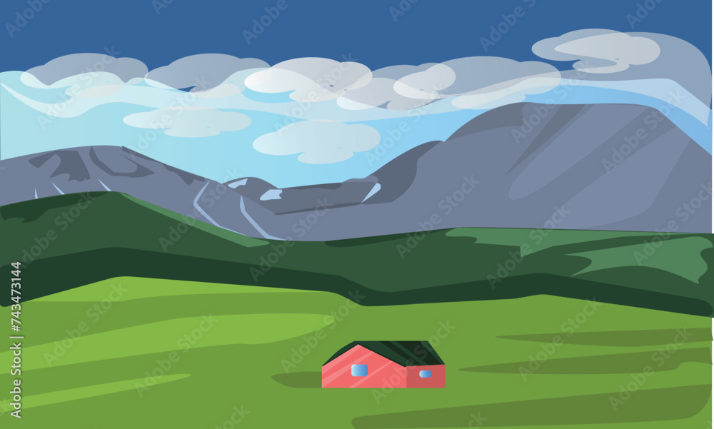 Hiking landscape with mountains and blue sky. vector illustration