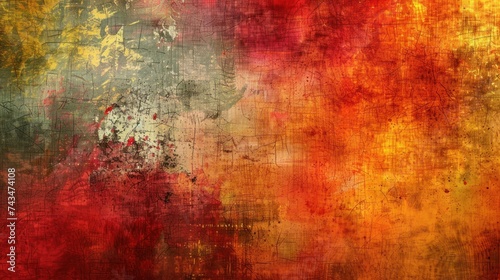 Abstract Grunge Texture in Red and Yellow. Abstract artwork with grunge texture, featuring a blend of red, yellow, and gray tones with paint splatters.