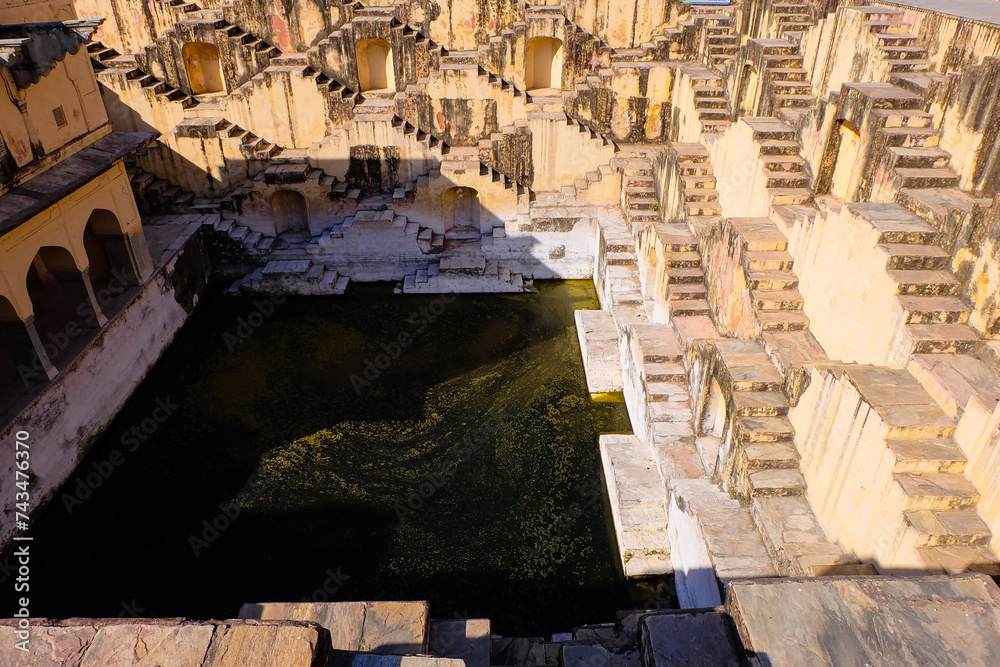 The amazing Chan Baori Step well and Panna Meena Ka Kund stair case to a pond, swimming pool, in Jaipur, Rajasthan, India