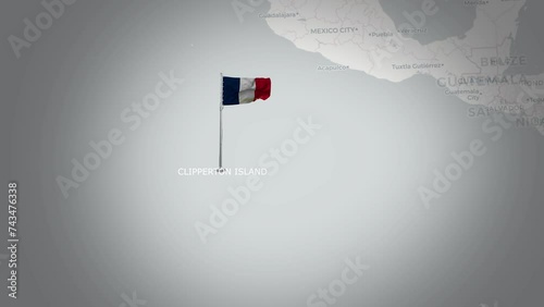 Clipperton Island map.Aerial Views of Clipperton Island's Flag Above the Map. photo