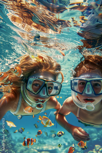 young girls wearing snorkeling.Summers Beach ocean