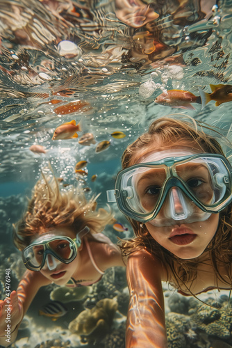 young girls wearing snorkeling.Summers Beach ocean