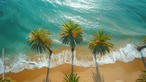 Beach palm trees on the sunny sandy beach and turquoise ocean from above. Amazing summer nature landscape