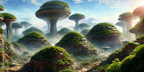 Vibrant biodome city on alien planet, diverse ecosystems, artificial, bioengineered.