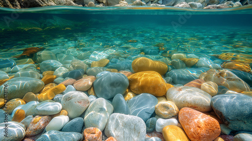 Multicolored pebbles in sea water near the shore.