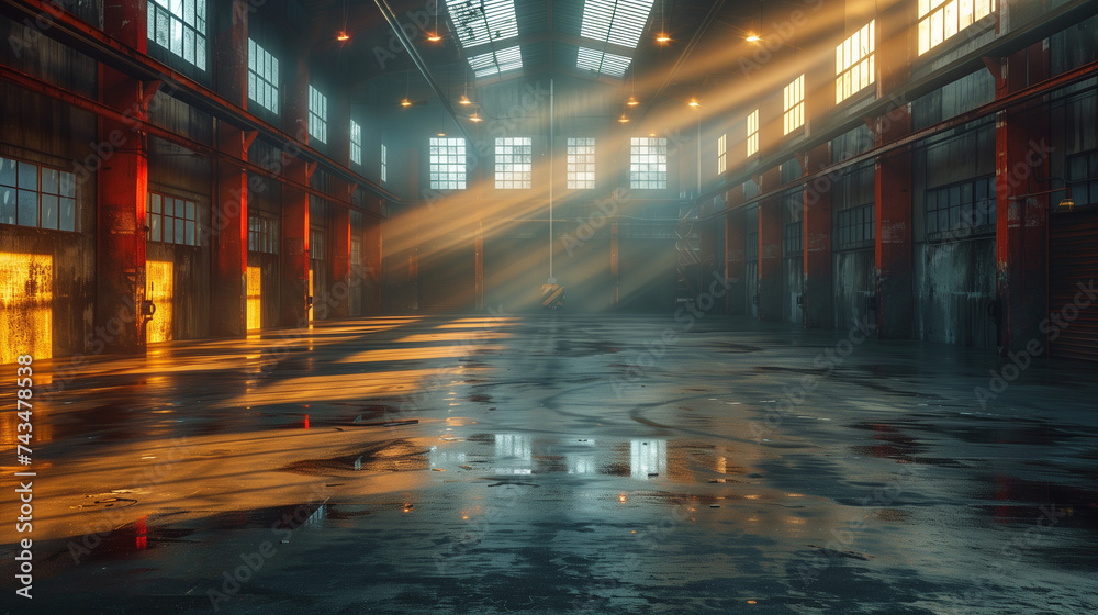 Early morning sun rays An Empty Warehouse backdrop With Atmospheric Fog, interior space storage background