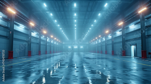 An Empty Warehouse background With Atmospheric Fog, interior space storage backdrop © PLATİNUM