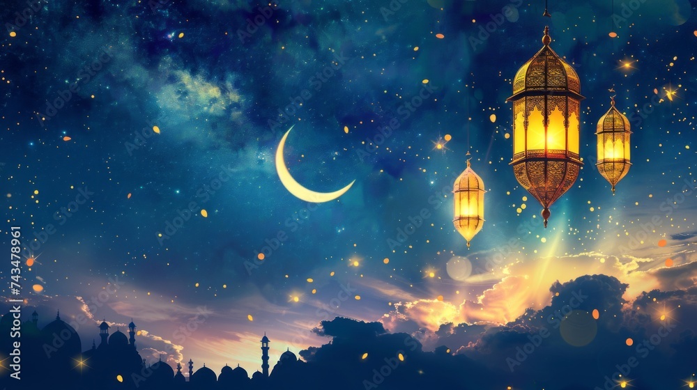 Captivating ramadan lantern illuminated against crescent moon on mesmerizing night sky background - stock image Captivating ramadan lantern illuminated against crescent moon on mesmerizing night sky background - stock image