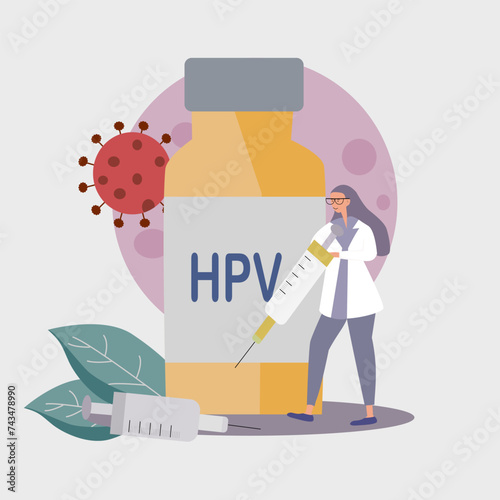 HPV vaccination for girls, hand drawn line drawing, Concept Prevent HPV infection by vaccination before getting infected.