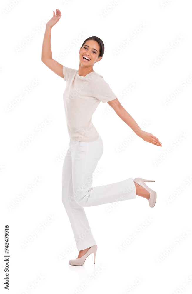 Woman, excited and celebration in studio for success, winning and achievement with fashion, bonus or sale. Portrait of a winner or happy model in heels with wow, jump or yes on a white background