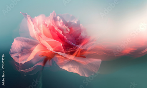Fantastic and dreamy flower background. A rose blowing gently in the wind. Petals fluttering like a silk dress. Illustration with a dreamy atmosphere. Pastel tones with copy space. 