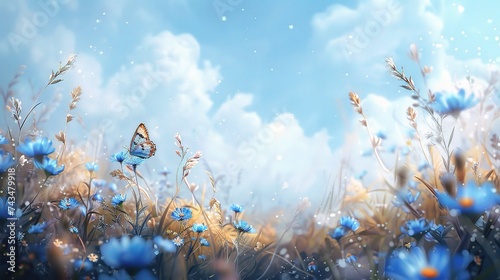 Beautifully blurred background of a sunny day in springtime, featuring a blossoming meadow and a blue sky. Butterfly