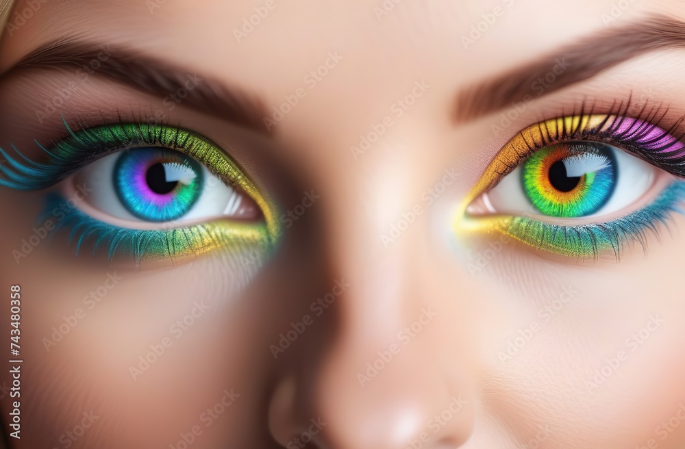 Naklejka premium Close up cropped view of eye of woman with rainbow pupil, happiness 