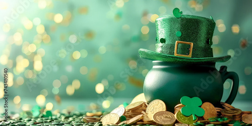  a green pot is surrounded by coins and a leprechaun hat, green hat and shamroc, St. Patrick's Day, banner