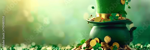  a green pot is surrounded by coins and a leprechaun hat, green hat and shamroc, St. Patrick's Day, banner