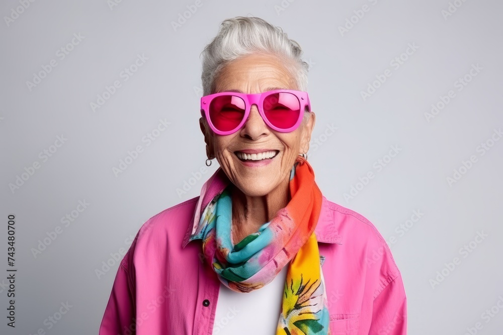 Portrait of a beautiful senior woman wearing pink sunglasses and colorful scarf Portrait of a beautiful senior woman wearing pink sunglasses and colorful scarf