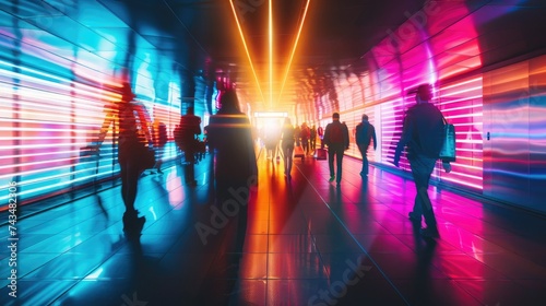 Blurred Commuters Walking in a Vibrant Subway Station photo