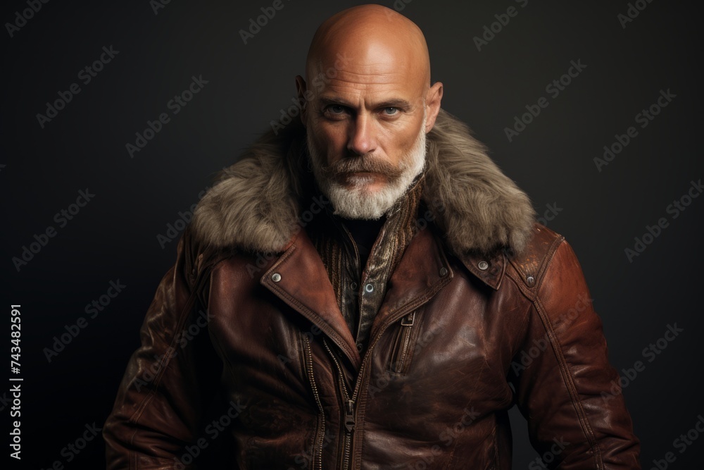 Portrait of a bald senior man in a brown leather jacket. Portrait of a bald senior man in a brown leather jacket.