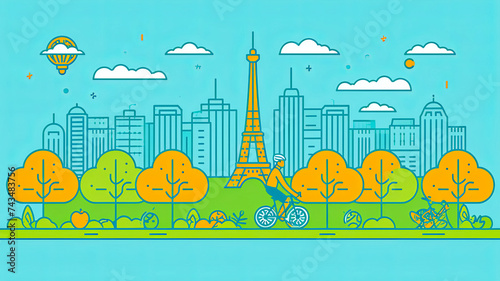 simple line art minimalist collage illustration with professional track racing cyclist on a track bike and Eiffel Tower in the background, olympic games, wide lens photo