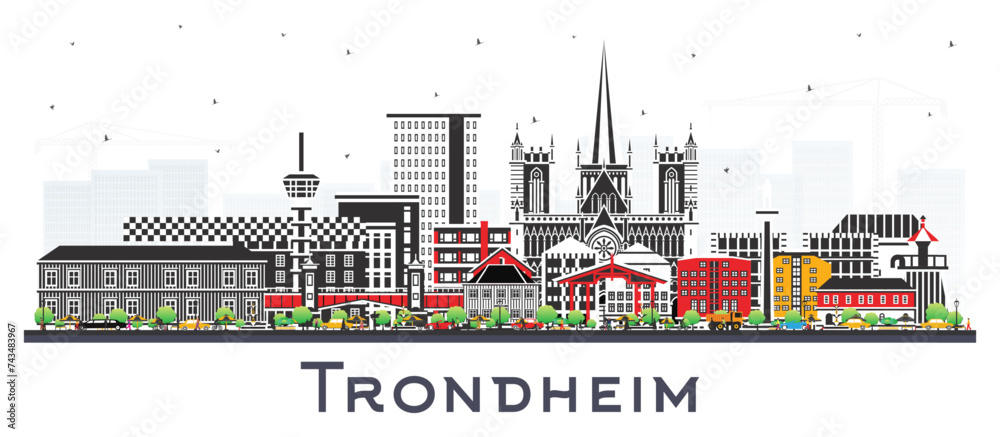 Obraz premium Trondheim Norway City Skyline with Color Buildings isolated on white. Trondheim Cityscape with Landmarks. Business Travel and Tourism Concept with Historic Architecture.
