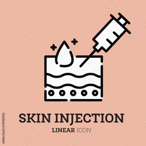 Skin injection. Linear icon with syringe and structure of skin. Medical, dermatology treatment vaccine, filler, hyaluronic acid. Skin care.