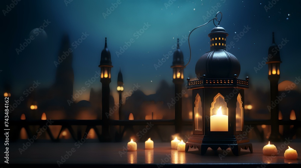 3d render of the mosque at night with moonlight 