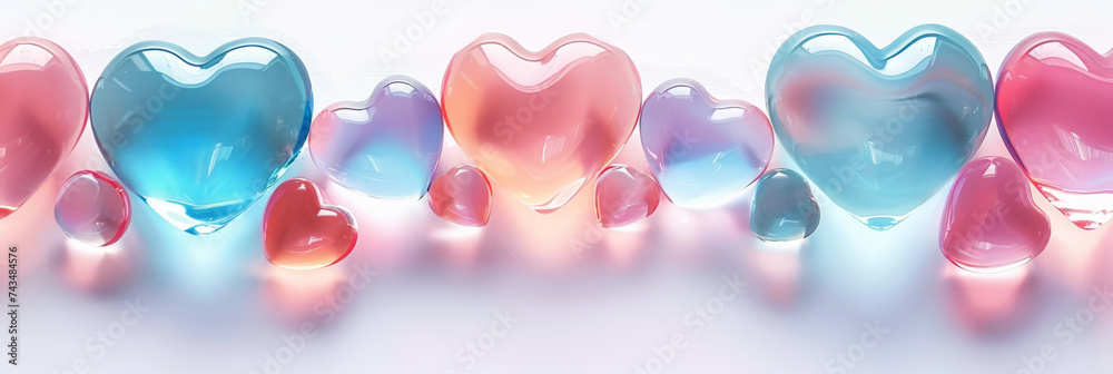 colorful glass hearts on white background, banner, valentines day colorful glass hearts on white background, banner, valentines day