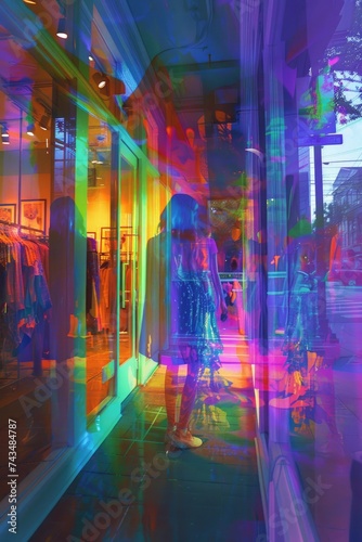 Abstract Reflections of Shopper in Colorful Retail Space, the person, an all girls store in detroit, in the style of joyful celebration of nature