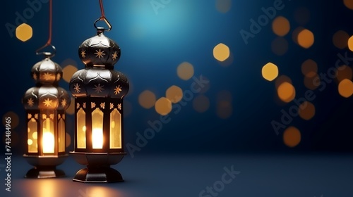 Lantern on a wooden table. Ramadan Kareem. 3D rendering
