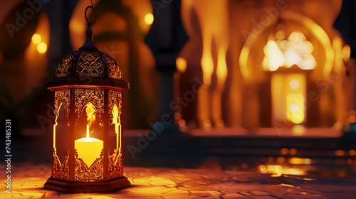 Arabic lantern with burning candle on blurred background. Ramadan Kareem © shameem