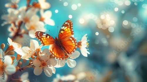 Beautiful spring nature background with butterfly, lovely blossom, petal a on turquoise blue background , top view, frame. Springtime concept