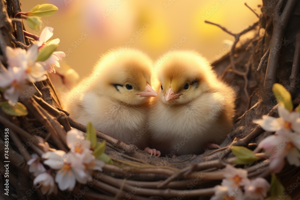 Two cute chicks peeking out of a blooming nest in a blur
