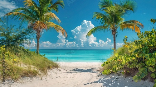 tropical beach on a sunny summer day, featuring white sand, palm trees, and a turquoise water set against a blue sky filled with clouds.