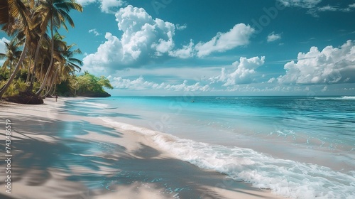 Beautiful tropical beach with white sand, palm trees, turquoise ocean against blue sky with clouds on sunny summer day. © INK ART BACKGROUND