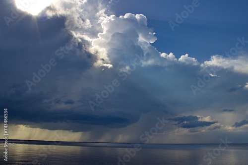 Colorful sunset over Lake Peipsi. Pskov region, Russia.