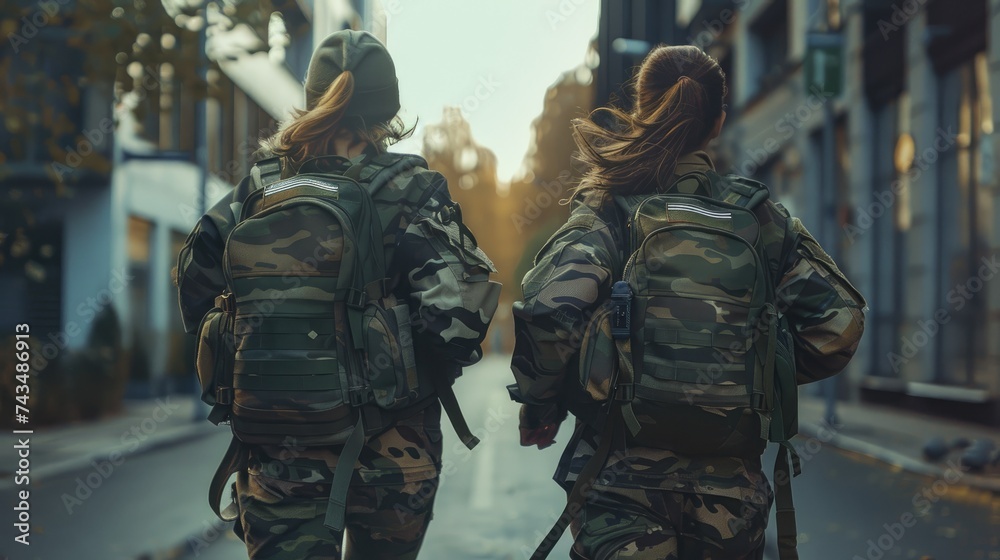 two women in camouflage running on a street with their backpacks, uniformly staged, Soldiers Walking Through Urban Area two women in camouflage running on a street with their backpacks, uniformly staged, Soldiers Walking Through Urban Area