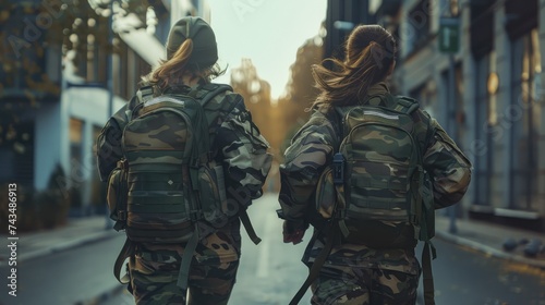 two women in camouflage running on a street with their backpacks, uniformly staged, Soldiers Walking Through Urban Area