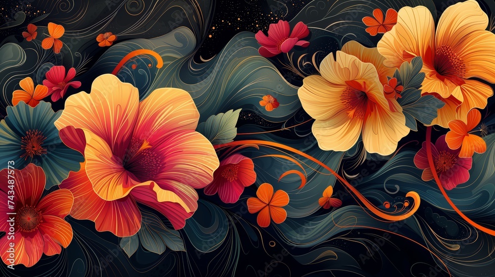 Vibrant flowers and flowing lines on dark canvas Vibrant flowers and flowing lines on dark canvas