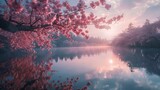 A mesmerizing scene of cherry blossoms casting shadows on a serene pond in Japan