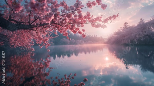 A mesmerizing scene of cherry blossoms casting shadows on a serene pond in Japan