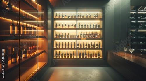 A modern wine cellar with temperature-controlled glass walls, showcasing an impressive collection of rare vintages, softly lit to highlight each bottle's label.