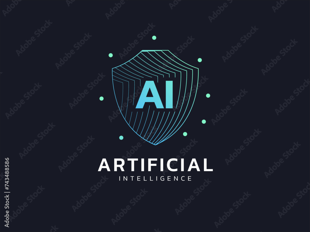 AI data protection abstract lines shield logo vector design concept. Future technology artificial Intelligence guard logo symbol for ID protection, privacy solution, cyber security, data protection.